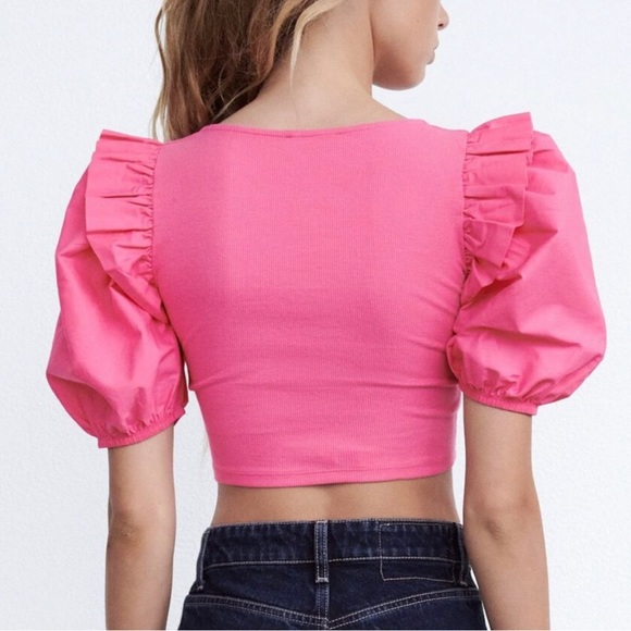 Zara Pink Balloon Ruffle Puff Sleeve Square Neck Rib Cropped Top Size L - Picture 4 of 13